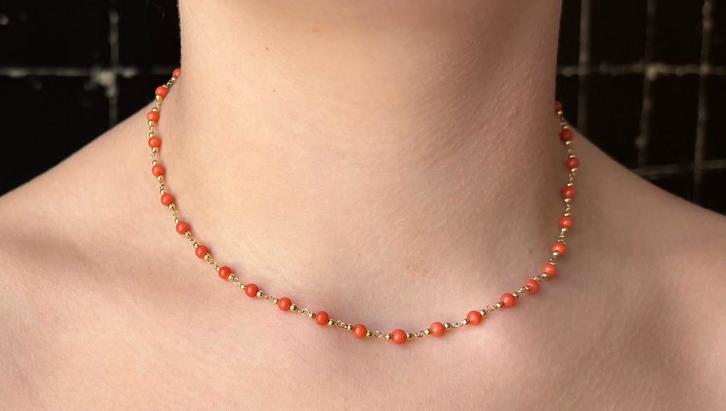 Bloedkoraal bollen 18k gouden fantasie schakel ketting dames, Sieraden, Tassen en Uiterlijk, Kettingen, Zo goed als nieuw, Goud