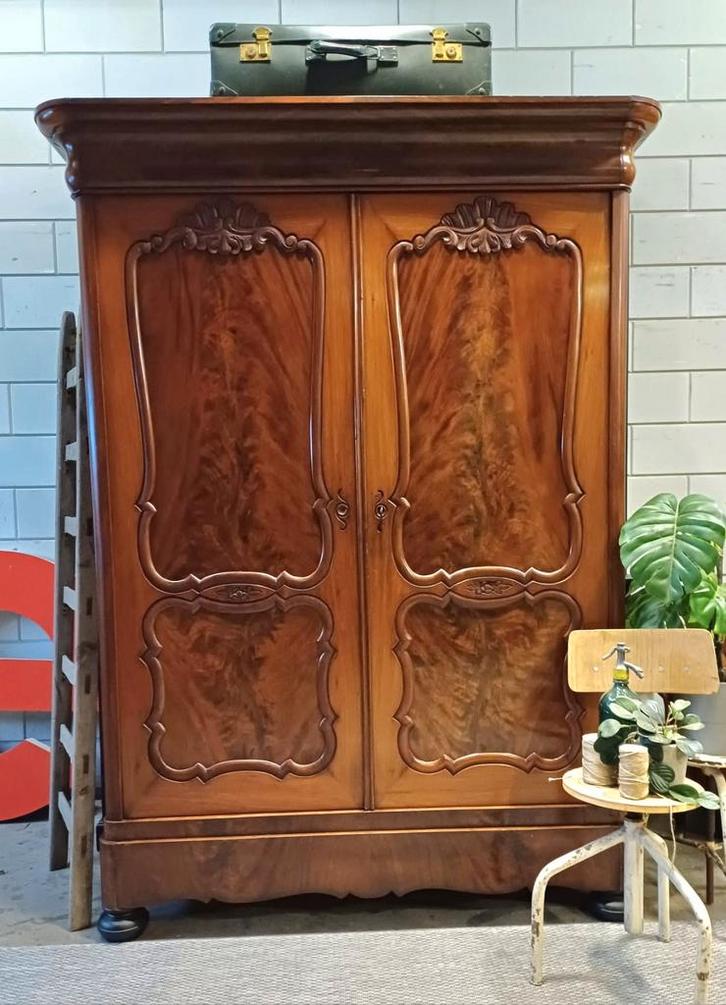 Antieke/Brocante mahonie kast, Demontabele kledingkast🤎, Antiek en Kunst, Antiek | Meubels | Kasten, Ophalen of Verzenden