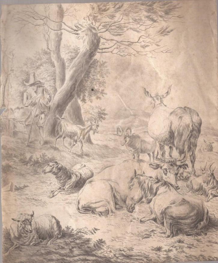 W. Bödeker - Landschap met vee en herder   Potloodtekening, Antiek en Kunst, Kunst | Tekeningen en Foto's, Ophalen of Verzenden