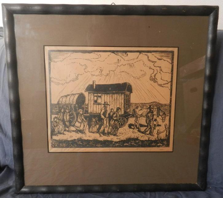 Linosnede Goud Delvers H. van Wijngaarden hxb: 25,9x32,3 cm., Antiek en Kunst, Kunst | Litho's en Zeefdrukken, Ophalen of Verzenden