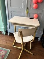 Vintage school tafel buro met stoel wit goud hout metaal, Ophalen