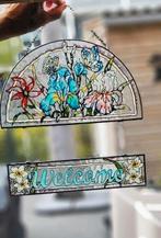 Glas in Lood look "Welkom" Bord met Bloemen, Ophalen of Verzenden, Gebruikt