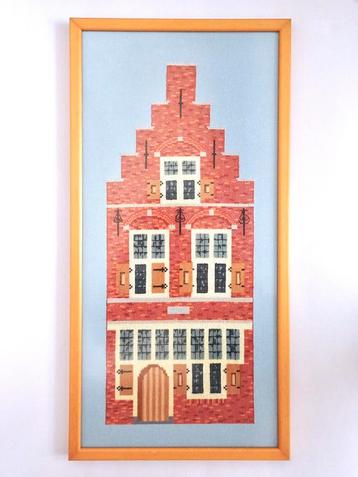 Groot vintage borduurwerk borduur huis huisje lijst hout beschikbaar voor biedingen