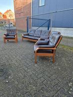 Vintage bankstel - Denemarken - leder en teakhout, Ophalen, Zo goed als nieuw