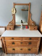 Oud grenen commode met marmerblad en spiegel, Ophalen, 50 tot 100 cm, Zo goed als nieuw, 3 of 4 laden