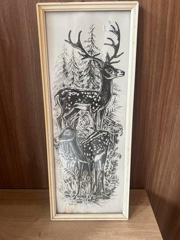 Vintage Herten Print in Houten Lijst beschikbaar voor biedingen