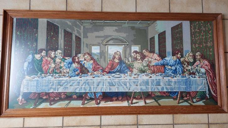 Geborduurd Laatste Avondmaal in Eiken Lijst, Antiek en Kunst, Kunst | Schilderijen | Klassiek, Ophalen