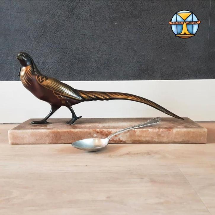 Art Deco bronzen goud fazant beeld marmeren voet (R Varnier), Antiek en Kunst, Antiek | Koper en Brons, Brons, Ophalen of Verzenden