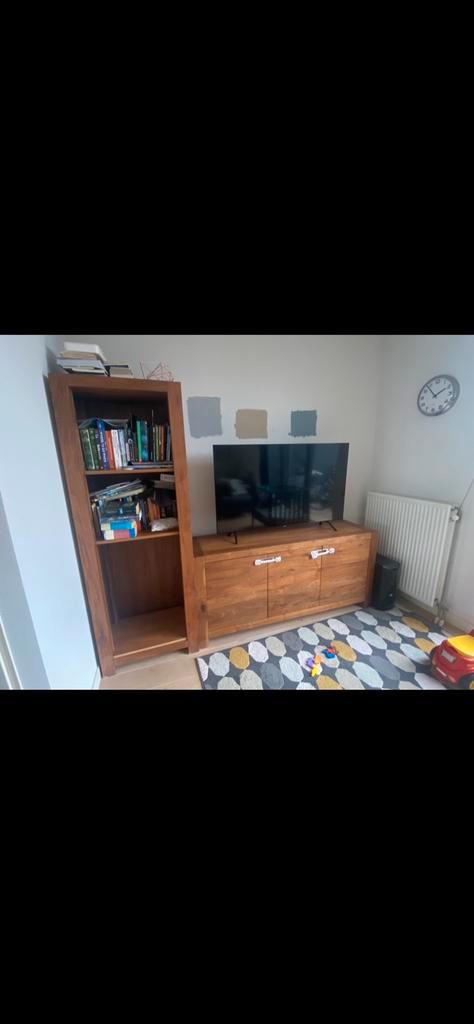 Zwaar eiken Tv-meubel, boekenkast en salontafel, Huis en Inrichting, Complete inboedels, Ophalen of Verzenden