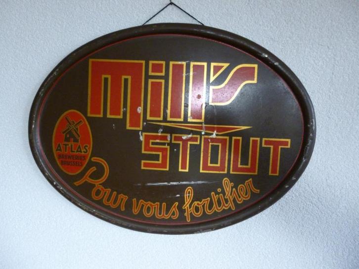 BLIKKEN RECLAME BORDJE"MILL'S STOUT"ATLAS BROUWERIJ UIT 1936, Verzamelen, Merken en Reclamevoorwerpen, Gebruikt, Reclamebord, Ophalen of Verzenden