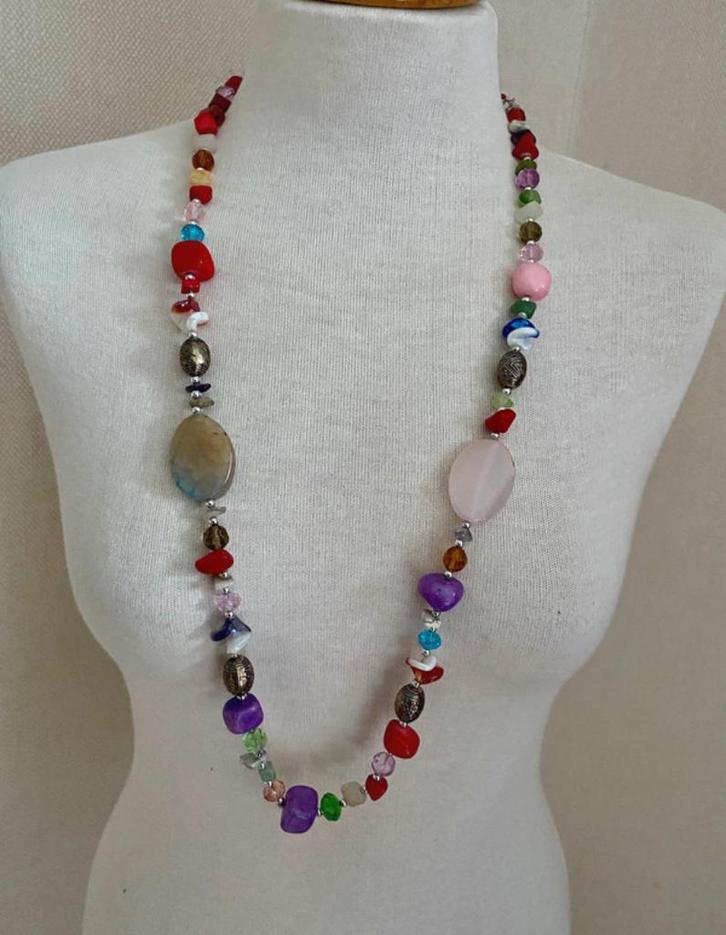 Vintage ketting met halfedelstenen & kralen, Sieraden, Tassen en Uiterlijk, Kettingen, Zo goed als nieuw, Steen of Mineraal, Overige kleuren