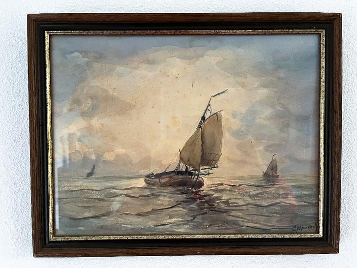 Schilderij vissersbootjes op zee door Gijsbert Martens, Antiek en Kunst, Kunst | Schilderijen | Klassiek, Ophalen of Verzenden