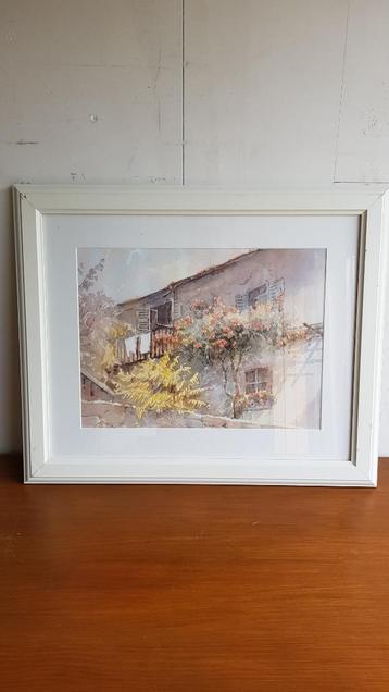 Brocante schilderij in houten lijst: aquarel van een huis B1 beschikbaar voor biedingen