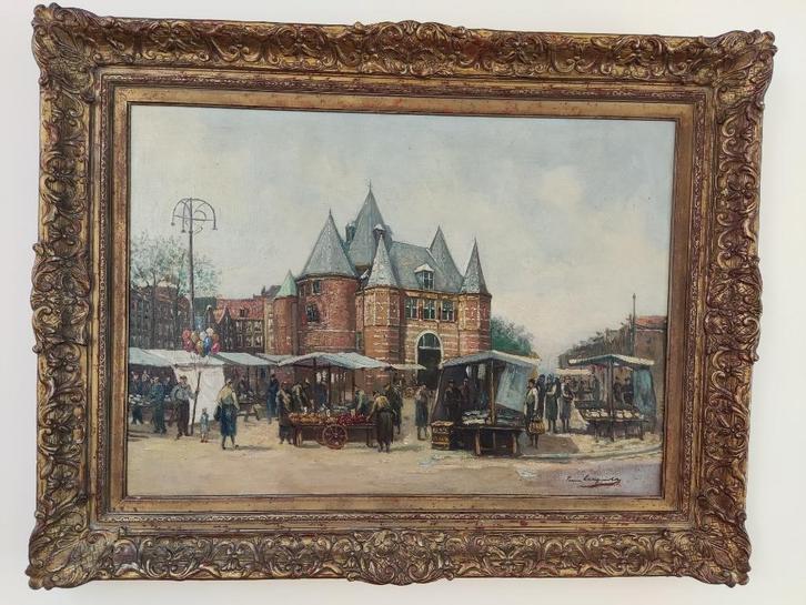 schilderij Amsterdam, Nieuwmarkt met Oude Waag, Antiek en Kunst, Kunst | Schilderijen | Klassiek, Ophalen