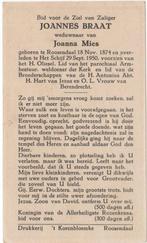 Joannes Braat 1874 Roosendaal + 1950 Het Schrijf, 75 jaar, Verzenden, Bidprentje