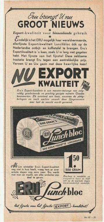retro reclame 1949 Eru zuivel lunch-bloc volvet beschikbaar voor biedingen