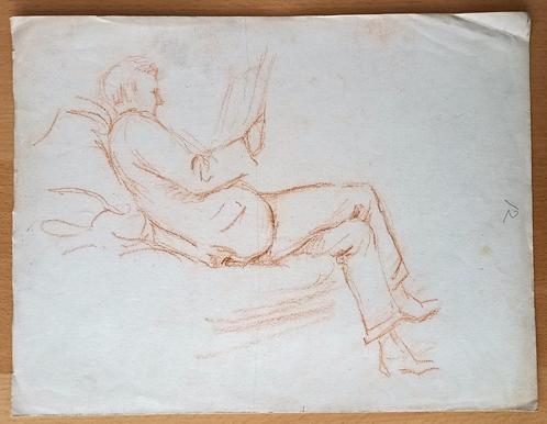A493-32 Oude tekening Man lezend op bank - stadsgezicht, Antiek en Kunst, Kunst | Tekeningen en Foto's, Ophalen of Verzenden