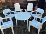 Tuinset 6 stoelen + 3 campingstoelen + tafels en ligbed, Ophalen, Kunststof, Gebruikt, 6 zitplaatsen