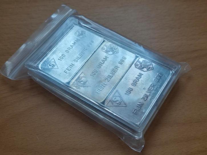Schöne Edelmetaal: 3 x 100 gram zilverbaar. Puur zilver., Postzegels en Munten, Edelmetalen en Baren, Zilver, Ophalen of Verzenden