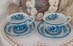 2 brocante kop en schotels Bleu rose, Ophalen of Verzenden