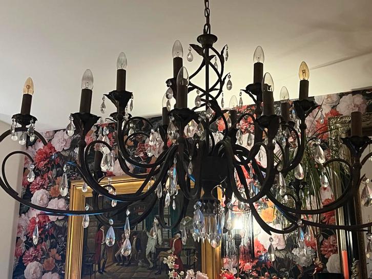 Grote Bruine Kroonluchter met Kristallen & Spot, Huis en Inrichting, Lampen | Kroonluchters, Zo goed als nieuw, Metaal, Ophalen