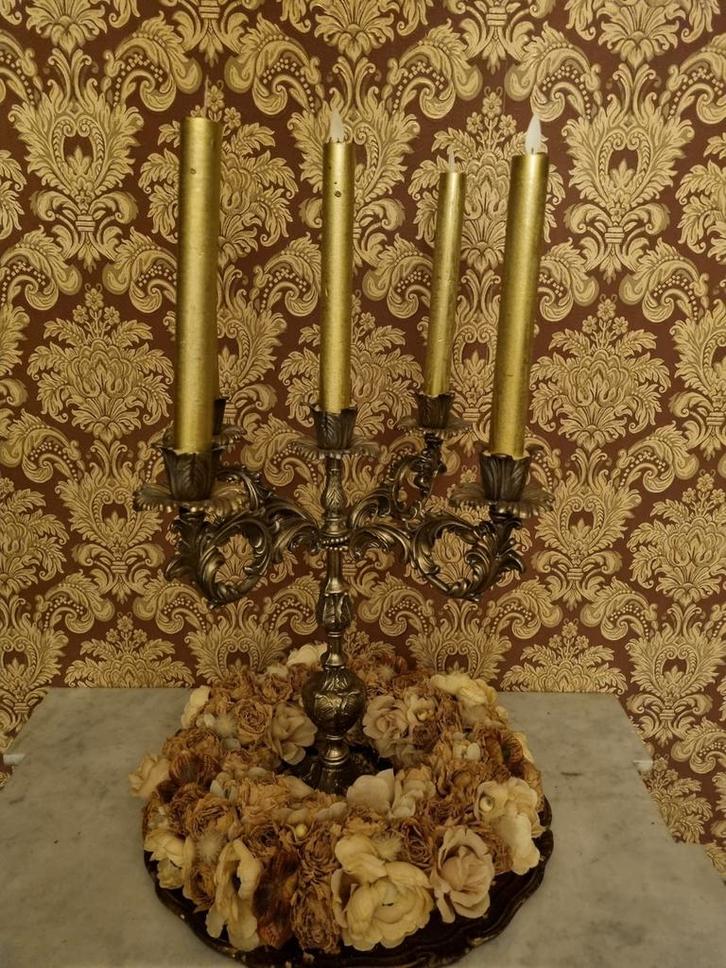 Oude Kandelaar 5-kaarsen met Dienblad & Decoratie, Huis en Inrichting, Woonaccessoires | Kandelaars en Kaarsen, Minder dan 25 cm
