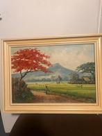 Schilderij: Landtafereel Indonesie, gesigneerd r.o, Antiek en Kunst, Kunst | Schilderijen | Klassiek, Ophalen of Verzenden