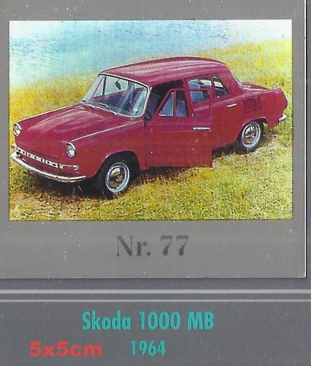 Vp74 verzamelplaatje 77 skoda 1000 mb -1964 -- 5 cm x 5cm, Ophalen of Verzenden, Zo goed als nieuw, Auto's