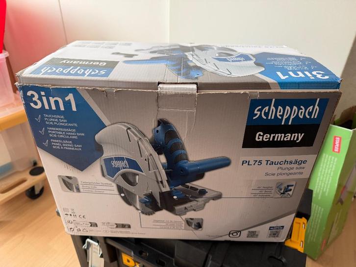 Scheppach PL75 invalzaag + 140 cm geleiderail en koffer., Doe-het-zelf en Verbouw, Gereedschap | Zaagmachines, Zo goed als nieuw
