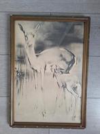 Ingelijste prent "Hert met jong" van Han van Meegeren., Ophalen of Verzenden