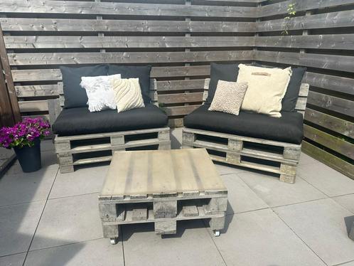 Pallet Lounge set incl. nieuwe kussen set (op maat gemaakt), Tuin en Terras, Tuinsets en Loungesets, Gebruikt, Loungeset, Hout