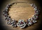 Zara Choker ketting bloemen aubergine brons steentjes roos, Verzenden, Zo goed als nieuw, Paars, Overige materialen