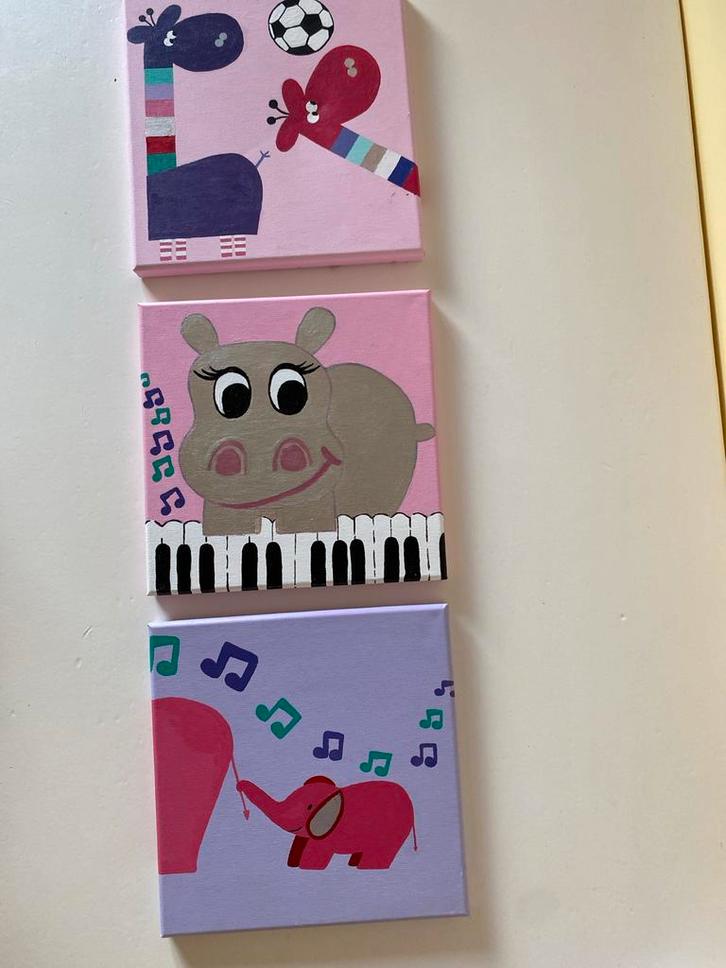 Handgeschilderde Dierenschilderijtjes Set van 3 Canvas Kunst, Antiek en Kunst, Kunst | Overige Kunst, Ophalen