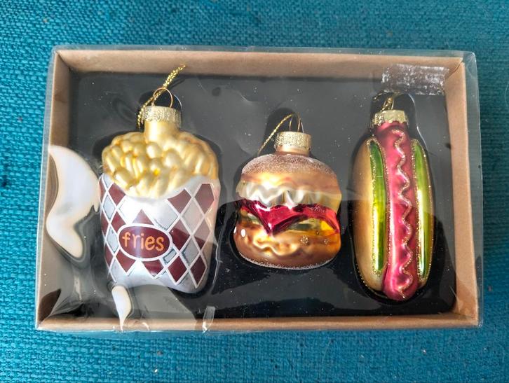 3 glazen kerstballen in vorm van snacks, nieuw in doosje, Diversen, Kerst, Nieuw, Ophalen