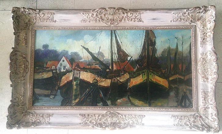 Afgemeerde schepen in haven ca.1940 - J.W. Pootjes 1890-1970, Antiek en Kunst, Kunst | Schilderijen | Klassiek, Ophalen of Verzenden