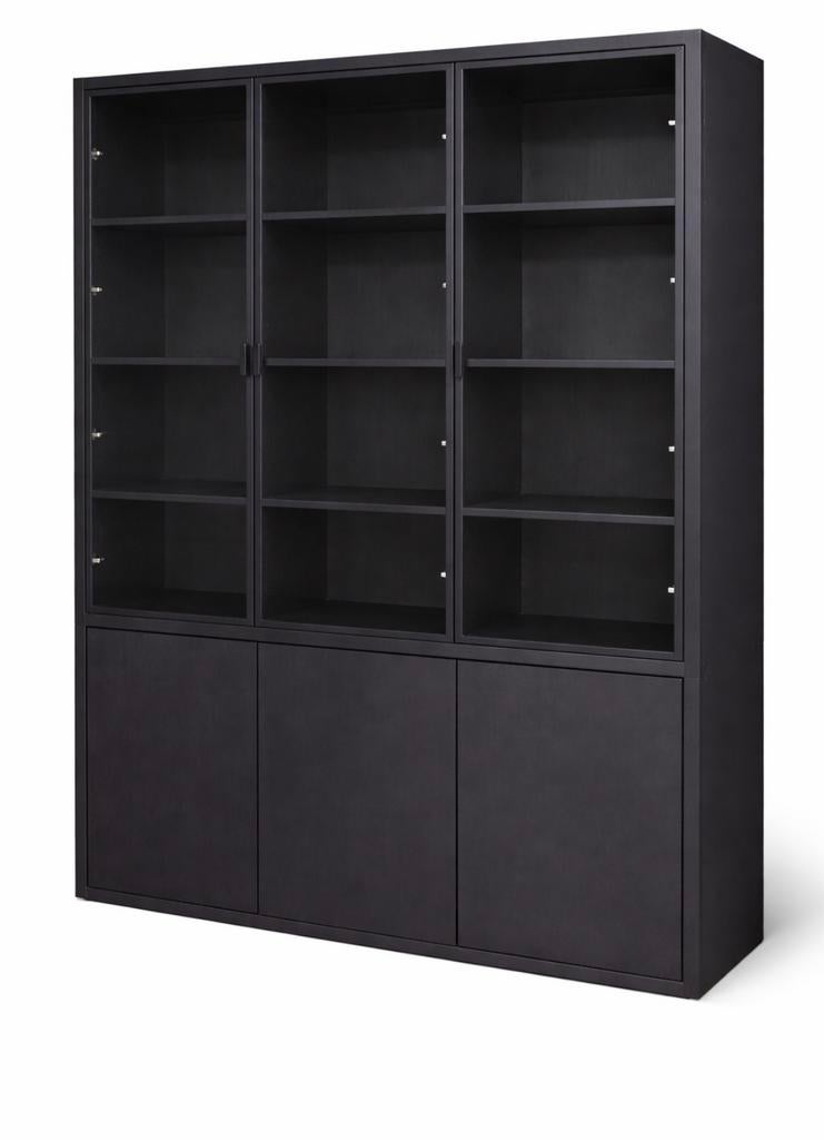 Zwart eikenhoutbuffetkast - glazen deuren, Huis en Inrichting, Kasten | Buffetkasten, Ophalen, Glas, Met deur(en), 200 cm of meer