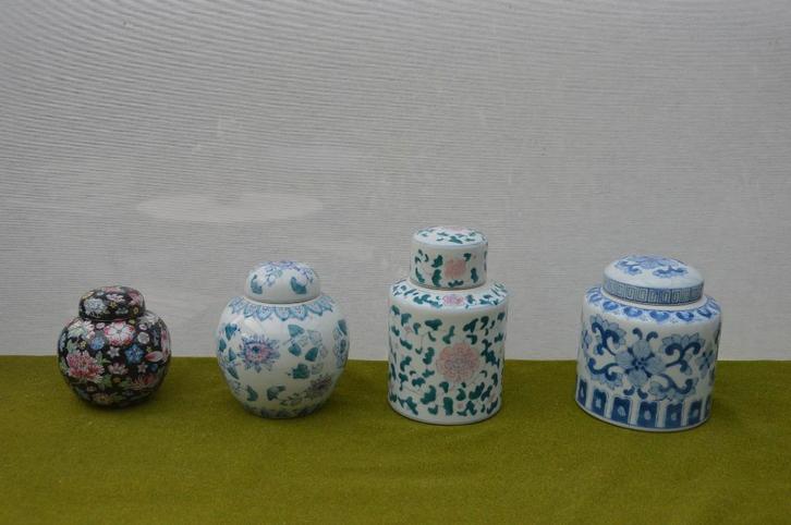 4 Vintage Chinese gemberpotten met deksel, zwart gebloemd, Antiek en Kunst, Curiosa en Brocante, Ophalen of Verzenden