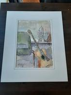 Waterverf schilderij muziekinstrumenten gitaar trompet, Antiek en Kunst, Ophalen of Verzenden