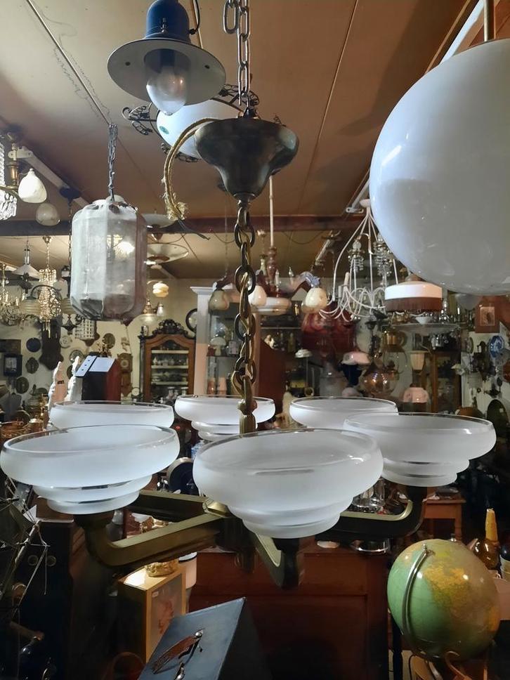 Vintage Art Deco Plafondlamp, Huis en Inrichting, Lampen | Hanglampen, Gebruikt, Minder dan 50 cm, Glas, Metaal, Ophalen of Verzenden