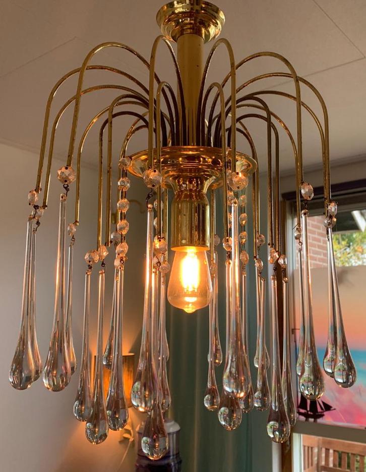 Vintage Teardrop kroonluchter, Huis en Inrichting, Lampen | Kroonluchters, Gebruikt, Glas, Metaal, Ophalen