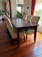 Eetkamertafel met 6 creme leren stoelen, Ophalen, 100 tot 150 cm, Teakhout, Zo goed als nieuw