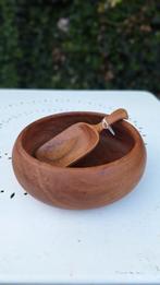 Vintage houten schaal, salade bak, rijstschotel met schep, Gebruikt, Vintage, Rond, Ophalen of Verzenden