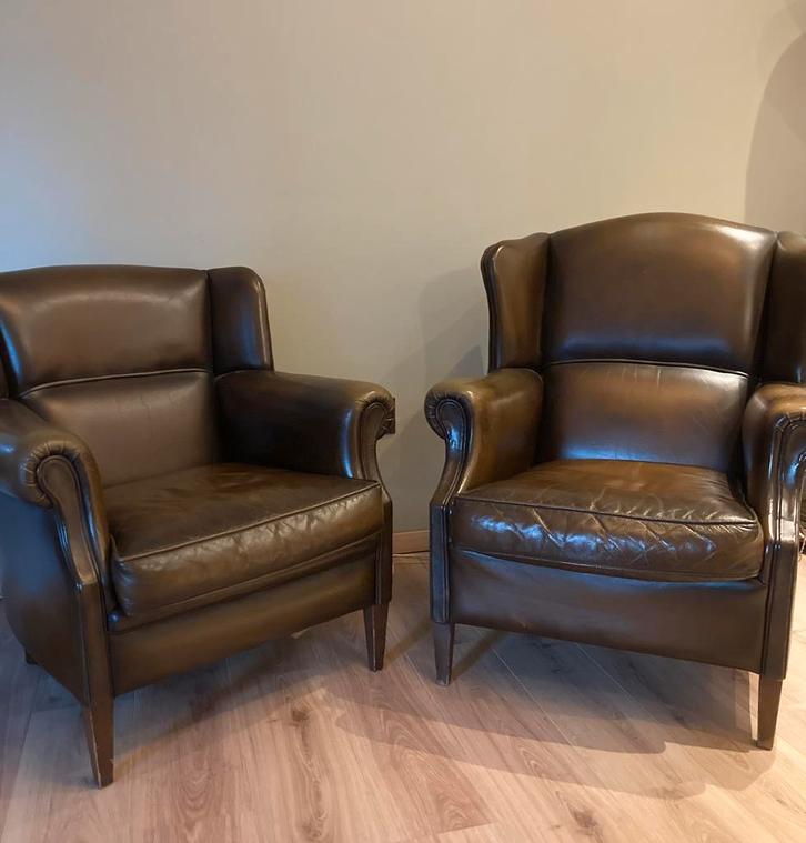 2 stijlvolle klassieke schapenleren oorfauteuils Muylaert, Huis en Inrichting, Fauteuils, Zo goed als nieuw, 75 tot 100 cm, Ophalen