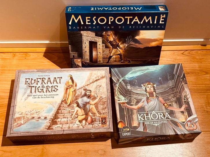 Drie bordspellen: Mesopotamië, Eufraat & Tigris en Khôra, Hobby en Vrije tijd, Gezelschapsspellen | Bordspellen, Zo goed als nieuw