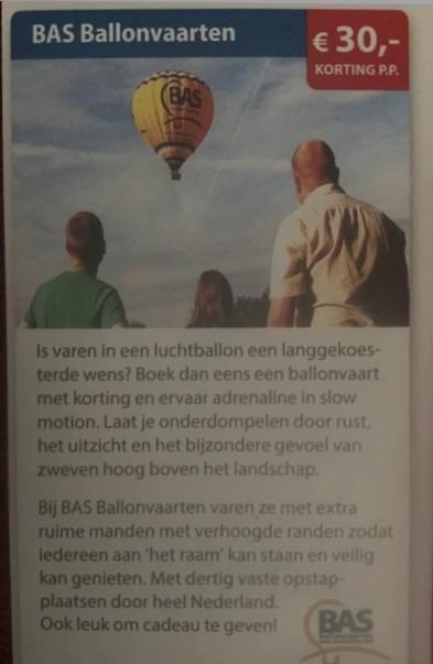 BAS Ballonvaarten € 30,- kortingsbon, Tickets en Kaartjes, Kortingen en Cadeaubonnen, Drie personen of meer, Overige typen, Kortingsbon