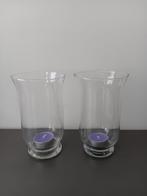 Set van 2 glazen windlichten / hurricane vazen, Gebruikt, Overige kleuren, Ophalen of Verzenden, Glas