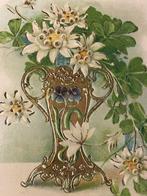 relief litho kaart gouden ART DECO vaas Edelweiss Viooltje, Verzamelen, Ansichtkaarten | Themakaarten, Verzenden, Voor 1920, Gelopen