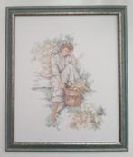 Kruissteek geborduurd beeld meisje met bloemenmand, Hobby en Vrije tijd, Borduren en Borduurmachines, Oosterveldweg 15, 7274 DZ