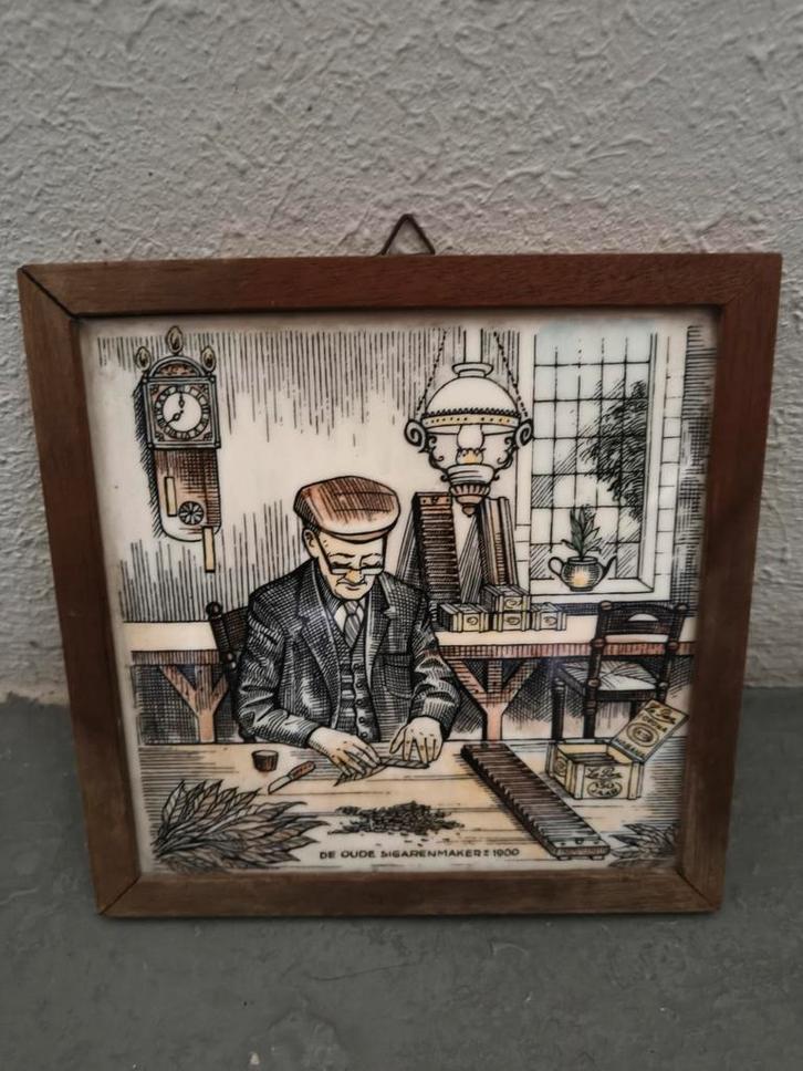 Vintage Tegeltableau De Oude Sigarenmaker 1900, Antiek en Kunst, Antiek | Wandborden en Tegels, Ophalen of Verzenden