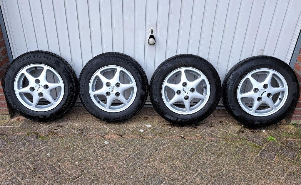13" alu. velgen (4x100, ET36) met banden 145/80-13., Auto-onderdelen, Banden en Velgen, Ophalen, Gebruikt, Banden en Velgen, Winterbanden